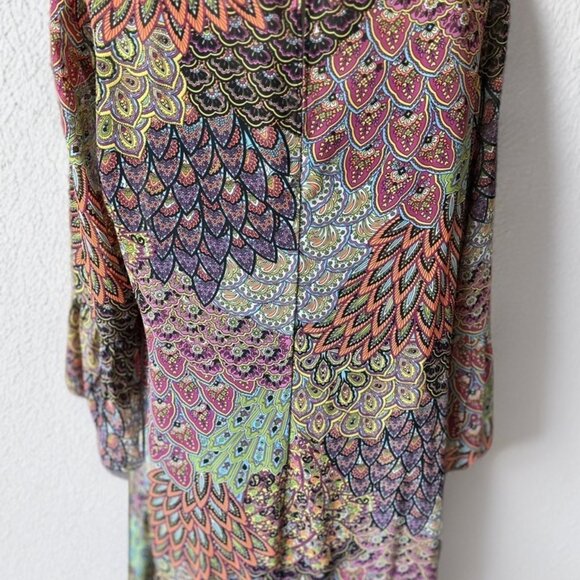 PRELUDE Colorful Print Bell Sleeve Shift Ruffle Trim Dress With Slip Size 10 - Picture 8 of 9
